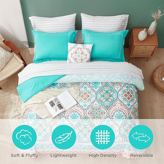 Degrees of Comfort Twin Bed in A Bag 6 Piece, Lattice Boho Bedding Sets for Teen Girls, Aqua Floral Bed Set, Microfiber Colorful Comforter Set with Sheets, Matching Decorative Pillow - LeafyLoom