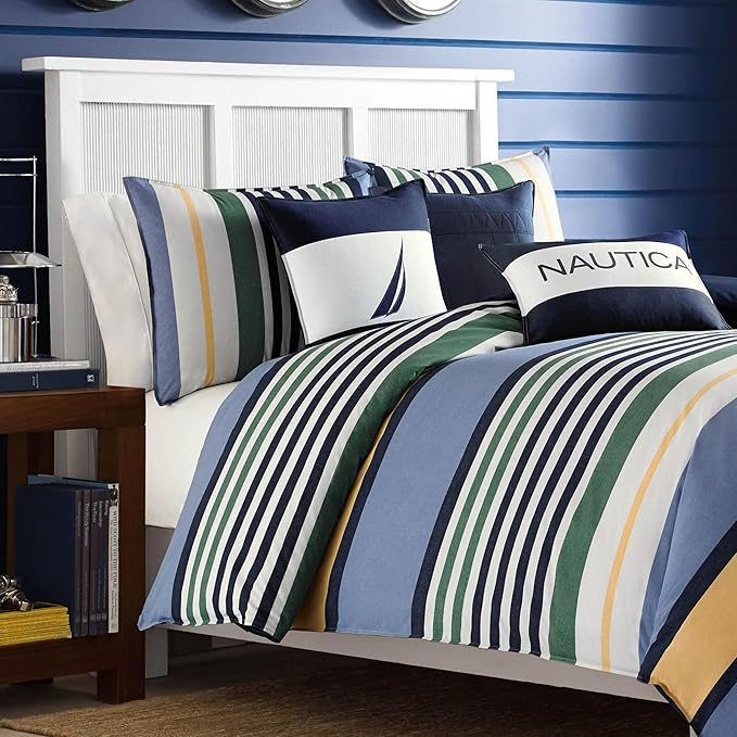 Nautica - Twin Comforter Set, Cotton Reversible Bedding with Matching Sham, Stylish Home Decor, Dorm Room Essentials (Dover Blue, Twin) - LeafyLoom