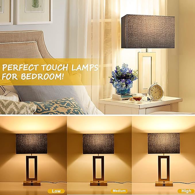 22'' Black&Gold Lamps for Bedrooms Set of 2, Touch Control Table Lamps with USB Ports, 3-Way Dimmable Bedside Nightstand Lamps, Modern Table Lamps for Living Room End Table, LED Bulbs Included - LeafyLoom