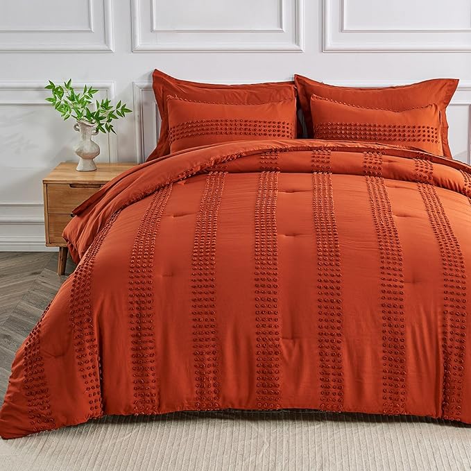 ENJOHOS California King Size Comforter Set with Sheets 7 Pc - Burnt Orange Oversized King Comforter Set, King Bed in a Bag Set, Boho Tufted Bedding with Pom, Lightweight Microfiber Comforter - LeafyLoom