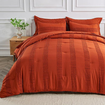 ENJOHOS Twin Comforter Set with Sheets - 5 Pc Twin Bed in A Bag Set, Burnt Orange Twin Size Bedding Comforter Sets, Boho Tufted Comforter with Pom, Lightweight Soft Microfiber Comforter Bed Set - LeafyLoom