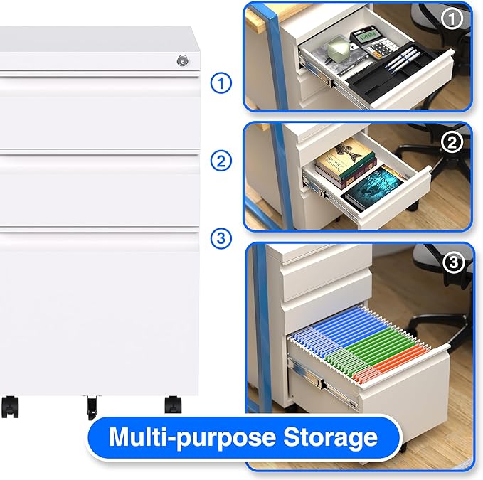 Mobile File Cabinet Under Desk, 3 Drawers Metal File Cabinet with Wheels, Rolling Filing Cabinets with Lock for Home Office Letter/Legal/A4 - LeafyLoom