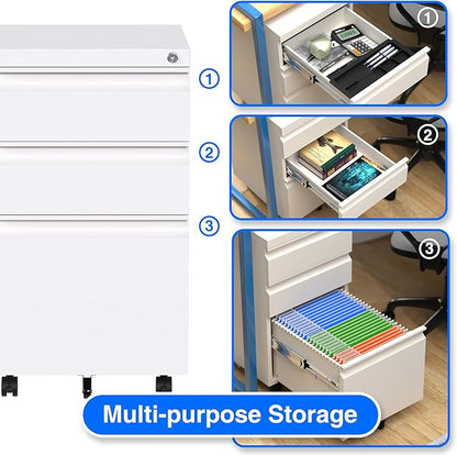 Mobile File Cabinet Under Desk, 3 Drawers Metal File Cabinet with Wheels, Rolling Filing Cabinets with Lock for Home Office Letter/Legal/A4 - LeafyLoom