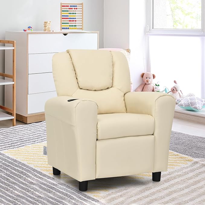 ARLIME Kids Recliner chair, toddler Armchair Upholstered Couch with Cup Holder, Backrest, baby Leather sofa with Headrest and Footrest, Child Furniture for Ages 2-7 (Beige) - LeafyLoom