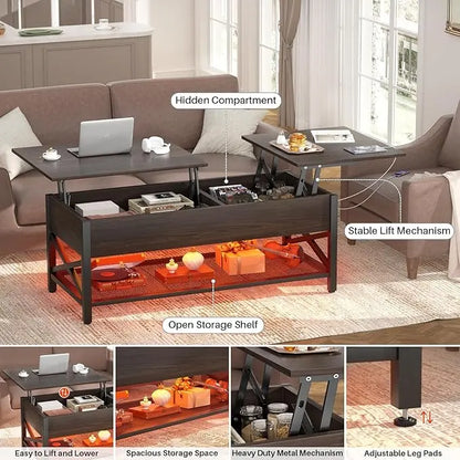 Aheaplus Coffee Table, Lift Top Coffee Table with LED light and Power Outlet, Modern Lift-Top Table with Storage Shelf, Center Table for Living Room with Lift Tabletop, X Support Metal Frame, Espresso - LeafyLoom