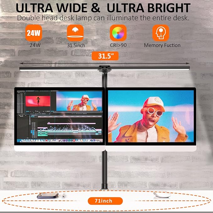 Double Head LED Desk Lamp, Architect Desk Lamps for Home Office, 24W Brightest Workbench Office Lighting-5 Color Modes and 5 Dimmable Eye Protection Modern Desk Lamp for Monitor Reading - LeafyLoom