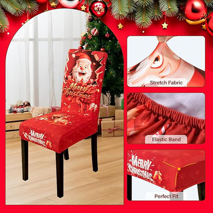 4PCS Christmas Dining Chair Covers Stretch Removable Washable Dining Room Chair Protector Slipcover 3D Print Santa Claus Deer Kitchen Chair Cover Slipcovers Protector for Xmas Holiday Party Home Décor CZL