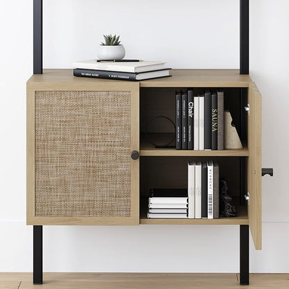 Nathan James Theo Ladder 3 tier Open Bookshelf with Rattan Drawers and Matte Steel Frame, Light Oak/Black - LeafyLoom