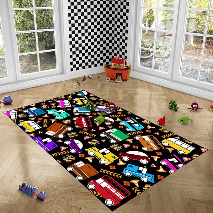 Car Rug Play Mat Kids Rugs for Playroom Car Rug for Boys Room Kids Mat Construction Play Mat Car Play Rug Car Carpet for Kids Carpet for Bedroom Truck Rugs for Boys Room,Black 2'5''×4' - LeafyLoom