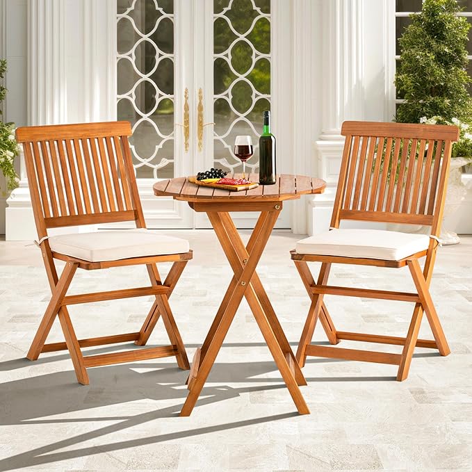 Round Table Heavy Duty 400lbs Capacity Patio Bistro Set 3 Piece Outdoor, Folding Chairs w/Cushion - LeafyLoom