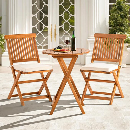 Round Table Heavy Duty 400lbs Capacity Patio Bistro Set 3 Piece Outdoor, Folding Chairs w/Cushion - LeafyLoom