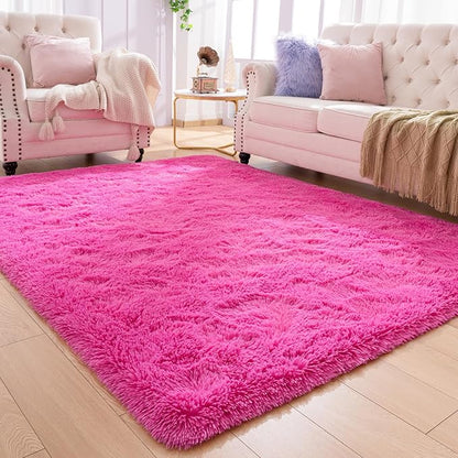 Softlife Ultra Soft Fluffy Area Rugs for Bedroom, Girls and Boys Room Kids Room Nursery Rug, 4 x 5.3 Feet Shaggy Fur Indoor Plush Modern Floor Carpet for Living Room Christmas Decor, Hot Pink - LeafyLoom