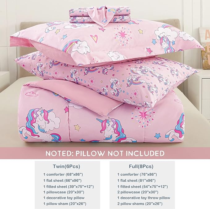 Mooreeke Kids Comforter Bed Set Full Size for s Girls, 8 Pieces Bed in a Bag with Shams, Sheet Set, Pink Unicorn Full Soft Microfiber Kids Comforter Bedding Set - LeafyLoom