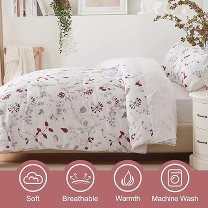 EMME Queen Comforter Set - Red Floral Bedding Set 7 PCS with Flowers Leaves Pattern, Soft Plant Printed Botanical Bed Set with Sheets, Fluffy Bed Bag for All Season(90"X90") - LeafyLoom