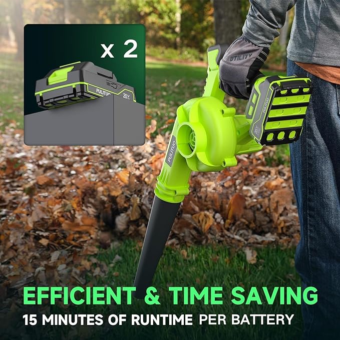 Cordless Leaf Blower with 2 Batteries, Charger & Dust Bag, 2-in-1 20V Cordless Vacuum Cleaner with Self-Locking Switch, Handheld Battery Powered Small Blower for Lawn Care/Dust/Pet Hair/Inflatable Bed - LeafyLoom