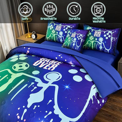 DORCAS Gamer Comforter Set with Sheets for Boys,Twin Size Gamer Bedding Set Boys,6 Pieces Graffiti Green Gaming Comforter Set for Boys Kids Teens(Green&Blue, Twin) - LeafyLoom