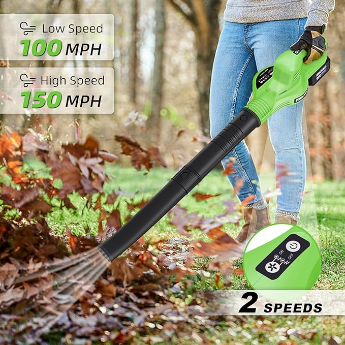 Cordless Leaf Blower 150MPH, Handheld Electric Leaf Blower with 4.0Ah Battery and Charger, 2 Speed Modes, 20V Battery Operated Leaf Blowers for Lawn Care, Patio, Blowing Leaves and Snow - LeafyLoom