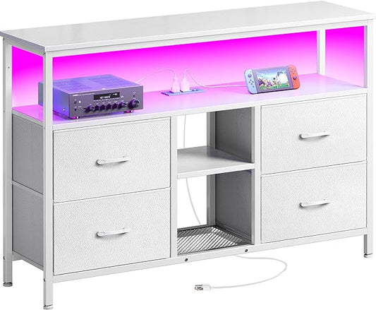 TV Stand Dresser with Power Outlets and LED Lights, 4 Drawers Entertainment Center with Open Shelf, Media Console for 50 43 Inch TV, Dresser with PU Finish, White - LeafyLoom