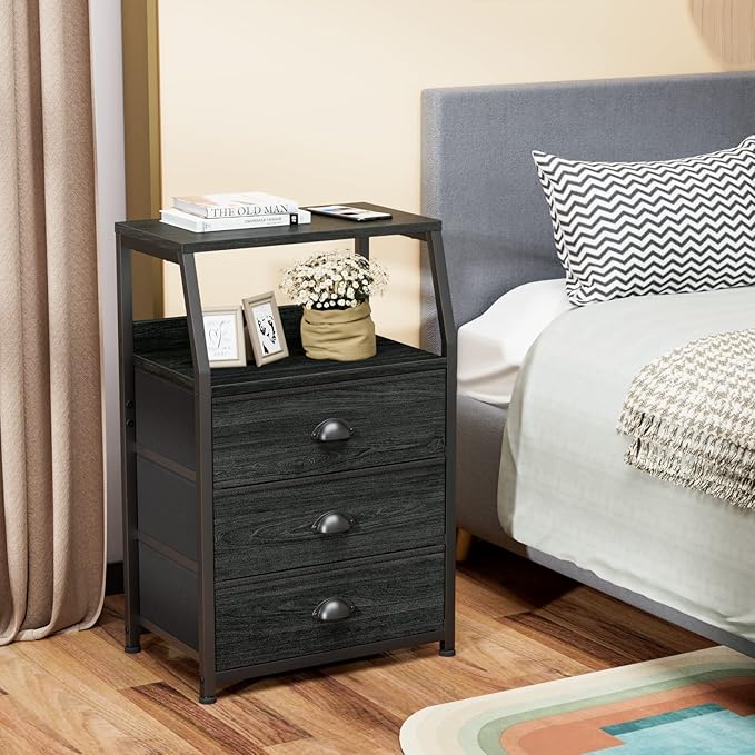 Furnulem Black Dresser for Bedroom, Small Nightstand with 3 Fabric Storage Drawers and 2-Tier Shelf, End Table Side Furniture for Closet, Hallway, Nursery, Sturdy Steel Frame, Wood Top (Black Oak) - LeafyLoom