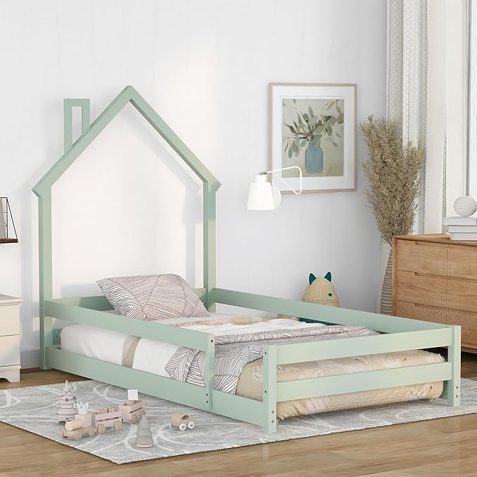 Bellemave Twin Size House-Shaped Headboard Floor Bed with Fences, Wooden Montessori Bed for Kids,House Bed Twin Frame for Girls,Boys (Light Green) - LeafyLoom