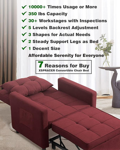 XSPRACER [UPDATED] Convertible Chair Bed, Sleeper Chair Bed 3 in 1, Stepless Adjustable Backrest,Armchair, Sofa, Bed, Fleece, Red, Single One - LeafyLoom