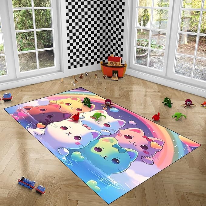 Rainbow Cat Rug for Girls - Colorful Cat Rug for Kids Bedroom Cute Cartoon Cat Pattern Rug Lovely Cat Rugs Room Decor Anime Cat Area Rug, 5x7 Feet - LeafyLoom