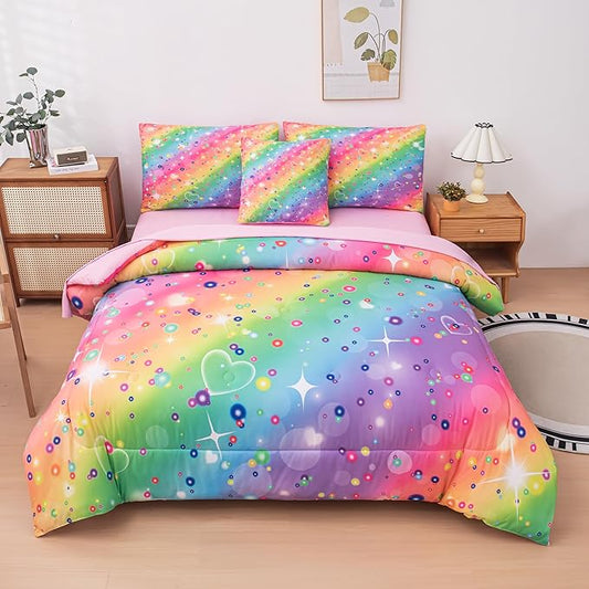 Full Size Comforter Sets for Girls, Kids Bedding Sets for Girls, Rainbow Comforter Full, 6 Pcs Bed in a Bag Girls (1Comforter, 1Flat Sheet, 1Fitted Sheet, 1 Pillow Cover, 2Pillowcases) - LeafyLoom