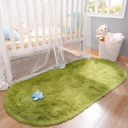 Merelax Soft Shaggy Rug for Kids Bedroom, Oval 2.6'x5.3' Green Plush Fluffy Carpets for Living Room, Furry Carpet for Teen Girls Room, Anti-skid Fuzzy Comfy Rug for Nursery Decor Cute Baby Play Mat - LeafyLoom