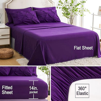 Ubauba 7pc Full Size Comforter Set with Sheets, Purple Pintuck 7 Pieces Bed in a Bag with Comforter, All Season Bedding Comforters & Sets (Purple,Full) - LeafyLoom