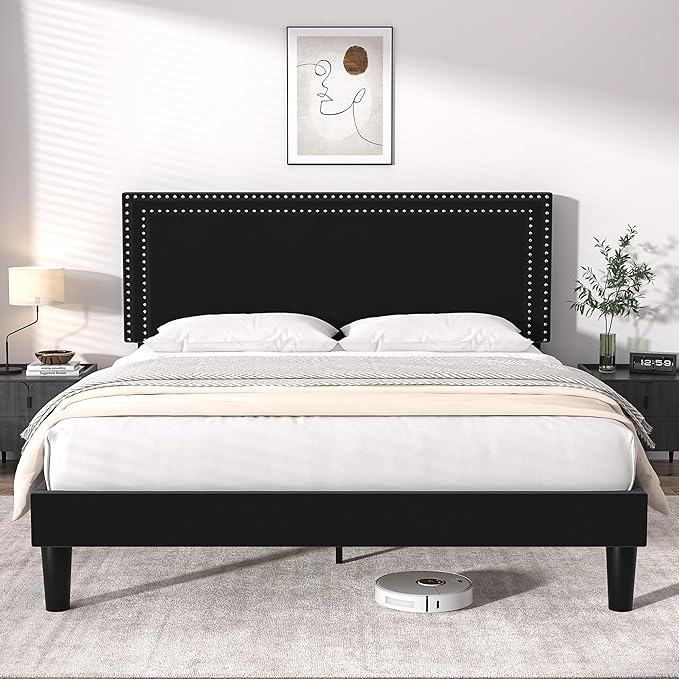 VECELO Full Size Platform Bed Frame with Adjustable Upholstered Headboard, Modern Mattress Foundation,Strong Wood Slat Support, No Box Spring Needed, Easy Assembly - LeafyLoom