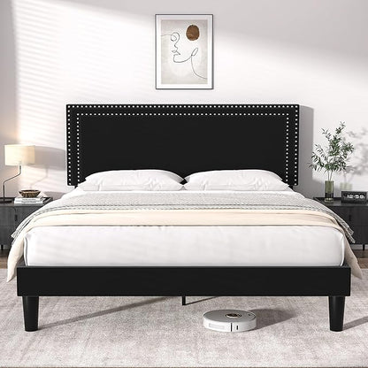 VECELO Queen Size Platform Bed Frame with Adjustable Upholstered Headboard, Modern Mattress Foundation,Strong Wood Slat Support, No Box Spring Needed, Easy Assembly - LeafyLoom