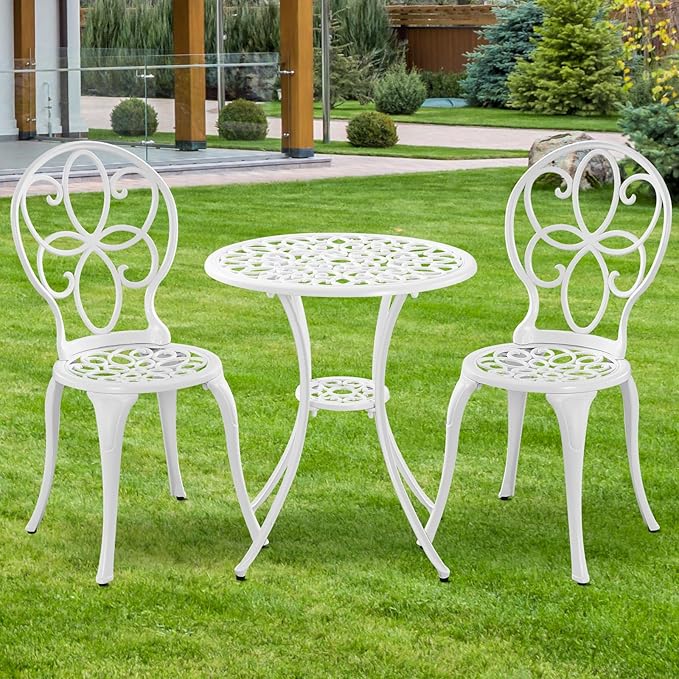 Patio Bistro Sets, Cast Aluminum Bistro Table and Chairs Set of 2 with Umbrella Hole, Bistro Set 3 Piece Outdoor, Metal Patio Furniture Set for Garden Porch, White - LeafyLoom