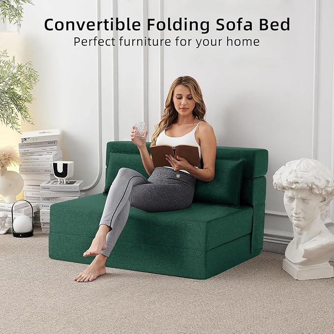 Convertible Folding Sofa Bed-Sleeper Chair with Pillow, Modern Linen Fabric Floor & Futon Couch, Foldable Mattress for Living Room/Dorm/Guest Use/Home Office/Apartment, Full Size,Dark Green - LeafyLoom