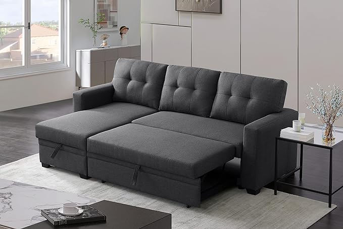 RITSU Reversible Storage Sectional Sofa, Linen Tufted Cushion Chaise Lounge, Multifunctional Seat with Pull Out Bed, Living Room Triple Couch, Grey, 82 inch, Dark Gray - LeafyLoom