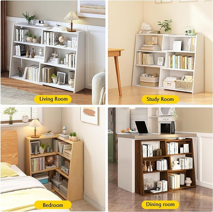 IOTXY Wooden Extendable Shelf Bookcase - 3-Tier Ladder Low Short Bookshelf for Small Space or Corner, White, L - LeafyLoom