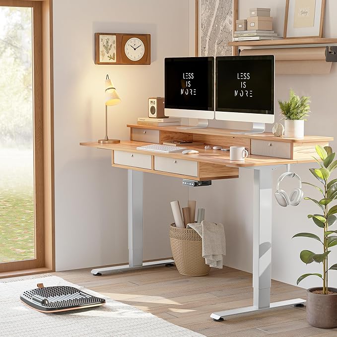 BANTI Height Adjustable Electric Standing Desk with 4 Drawers, 63 x 24 Inch Table with Storage Shelf, Sit Stand Desk, Light Rustic Brown Top - LeafyLoom