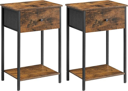 VASAGLE Nightstands, Set of 2 Side Tables with Fabric Drawer, 24-Inch Tall End Tables with Storage Shelf, Bedroom, Rustic Brown and Black ULGS221B01V1 - LeafyLoom