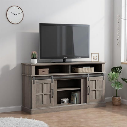 TV Stand with 2 Sliding Barn Doors, 58 Inch TV Stand with Storage Cabinet and Shelves, Television Stands with Storage for Living Room, Bedroom, Brown - LeafyLoom