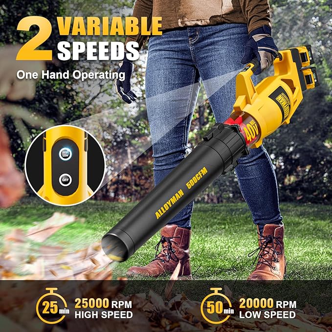 ALLOYMAN 40V Max Cordless Leaf Blower,500CFM Dual Battery Driven Blower with 2 * 4.0Ah Batteries & Fast Charger,2 Variable Speed Lightweight Battery Powered Leaf Blowers for Lawn Care/Snow Blowing - LeafyLoom