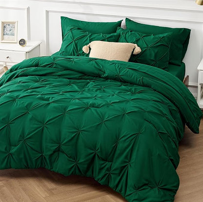 Bedsure California King Comforter Set - Cal King Bed Set 7 Pieces, Pinch Pleat Dark Green Cali King Bedding Set with Comforter, Sheets, Pillowcases & Shams - LeafyLoom