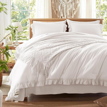 Anluoer King Comforter Set 7 Piece, White Bed in a Bag with Sheets, All Season Ruffle Shabby Chic Bedding Sets with 1 Comforter, 2 Pillow Shams, 2 Pillowcases, 1 Flat Sheet, 1 Fitted Sheet - LeafyLoom