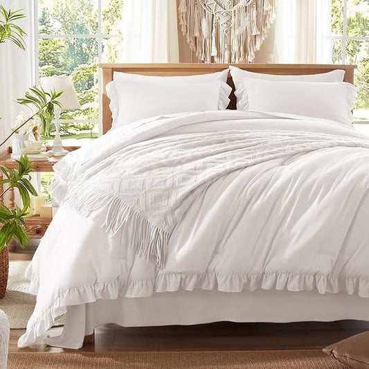 Anluoer King Comforter Set 7 Piece, White Bed in a Bag with Sheets, All Season Ruffle Shabby Chic Bedding Sets with 1 Comforter, 2 Pillow Shams, 2 Pillowcases, 1 Flat Sheet, 1 Fitted Sheet - LeafyLoom