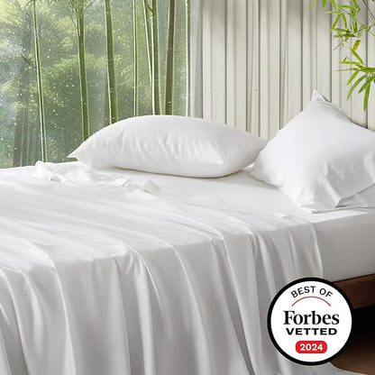 Bedsure Full Size Sheets, Cooling Sheets Full, Rayon Derived from Bamboo, Deep Pocket Up to 16", Breathable & Soft Bed Sheets, Hotel Luxury Silky Bedding Sheets & Pillowcases, White - LeafyLoom