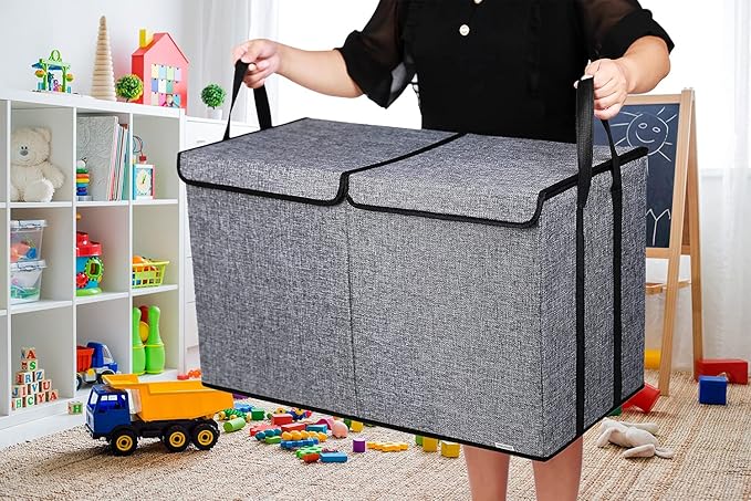 Large Kids Toy Box Chest Storage organizer with Double Flip-Top Lid - Collapsible Sturdy Toy Organizers And Storage Bins With Big Handles For Nursery, Playroom, 26.8"x13.8"x16"(Grey) - LeafyLoom