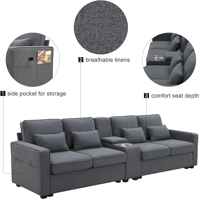 114.2" Linen Upholstered Sofa with Consoleand 2 USB Ports Wired or Wirelessly Charged,Modern 4-Seat Couches W/ 4 Pillows and Two Cupholders,for Living Room,Apartment,Dark Grey - LeafyLoom