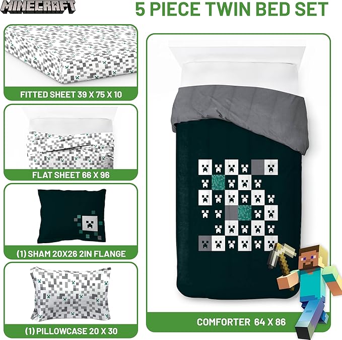 Minecraft Creeper Twin Comforter Set - 5 Piece Gamer Bedding includes Sheet Set & Pillow Covers - Super Soft Checkered Kids Bedding - LeafyLoom