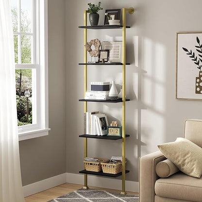 Axeman 5-Tier Ladder Bookcase, Tall Narrow Bookshelf for Small Spaces, Modern Book Storage Organizer Case Open Shelves for Bedroom, Living Room, Office, Library, Gold Metal Frame and Blakc Shelf - LeafyLoom