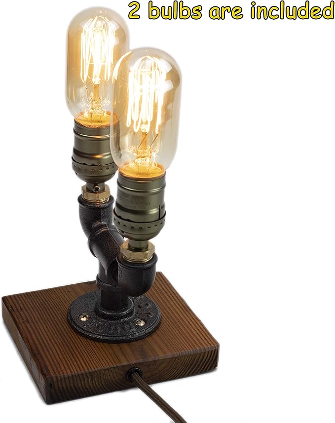 Steampunk Lamp with Dimmer, Dimmable Loft Style Industrial Vintage Antique Style Light with 2 Bulbs, Wood Base with Iron Piping Desk Lamp, Retro Desk Lamp LL-027 - LeafyLoom