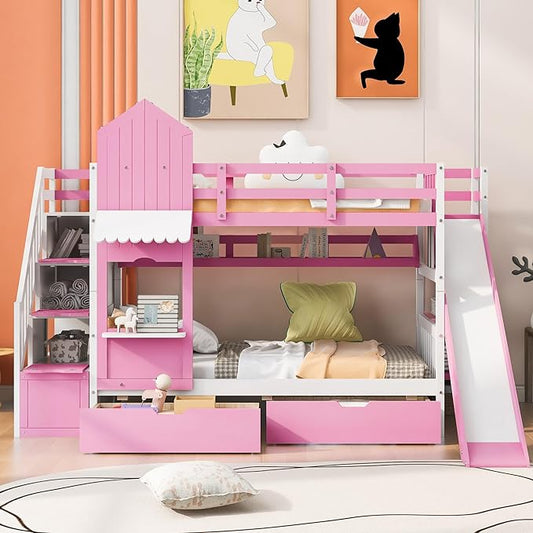 Twin Over Twin Castle Bunk Bed with Slide, Stairs Storage, Drawers and Shelves, Multifunctional Wood Bunkbeds w/Staircase, for Kids/Teens/Boys/Girls Bedroom, Pink - LeafyLoom