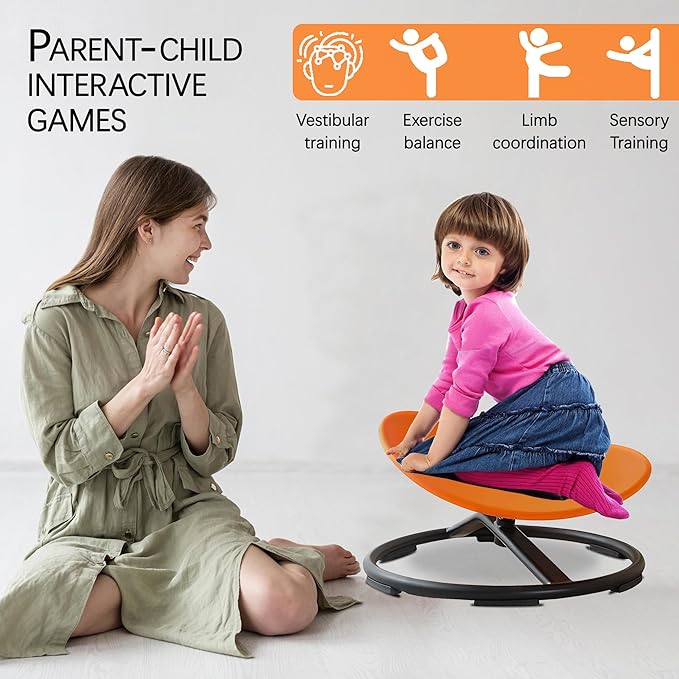 Autism Kids Swivel Chair,Sensory Spinning Chair for Kids,Toddler Spinner seat Carousel Spin Sensory Chair for Kids,Training Body Coordination,Metal Base Non Slip Safer (Orange) - LeafyLoom